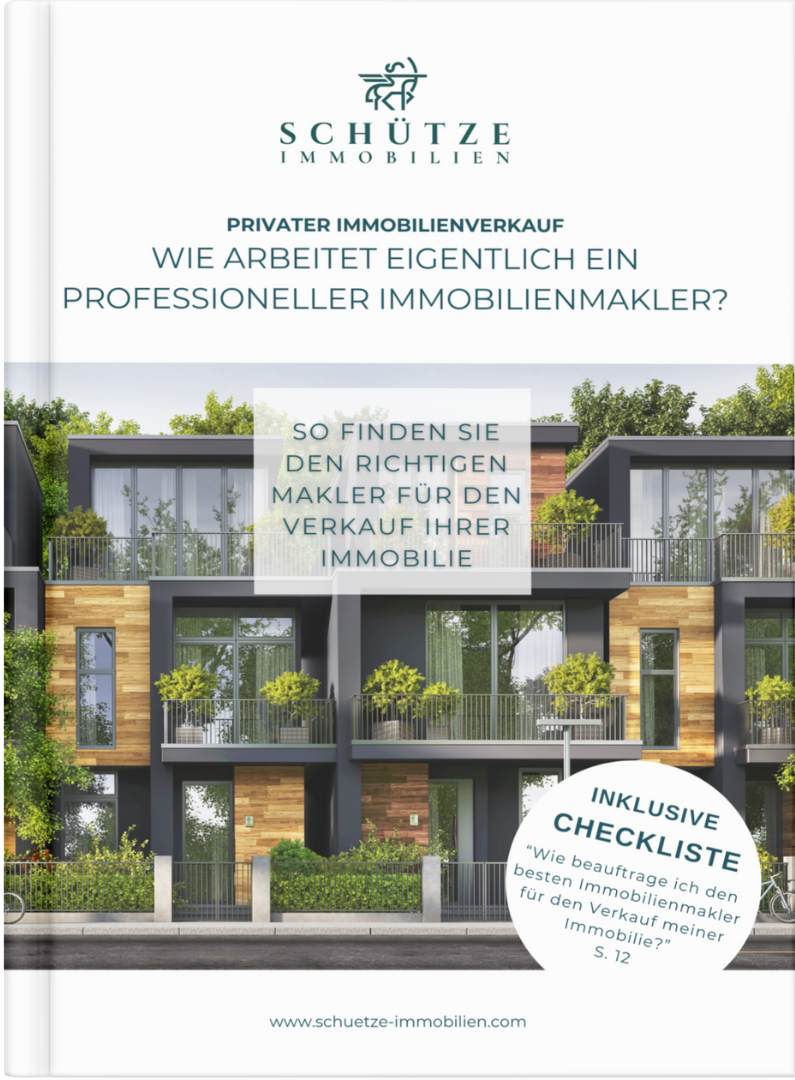 Ein Buch von Schütze Immobilie, auf dem steht: Wie arbeitet eigentlich ein professioneller Immobilienmakler, und außerdem: So finden Sie den richtigen Makler für den Verkauf Ihrer Immobilie.